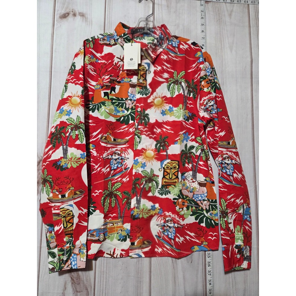 SSLR Men's‎ Hawaiian Shirt Tropical Santa Print Long Sleeve Button Up Red Size M